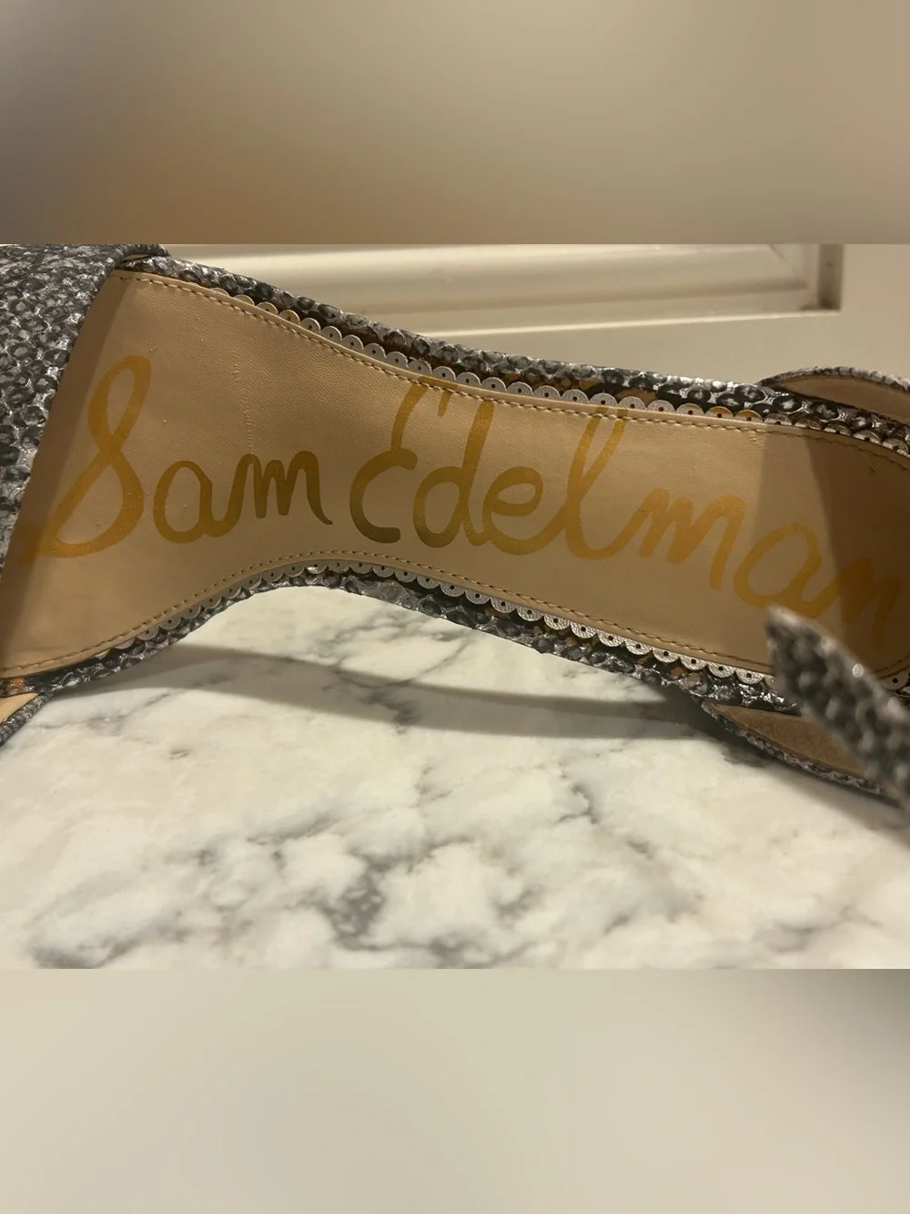 Sam Edelman Yaro Ankle Strap Metallic Snake Print Sandal Block High Heel Sz 8